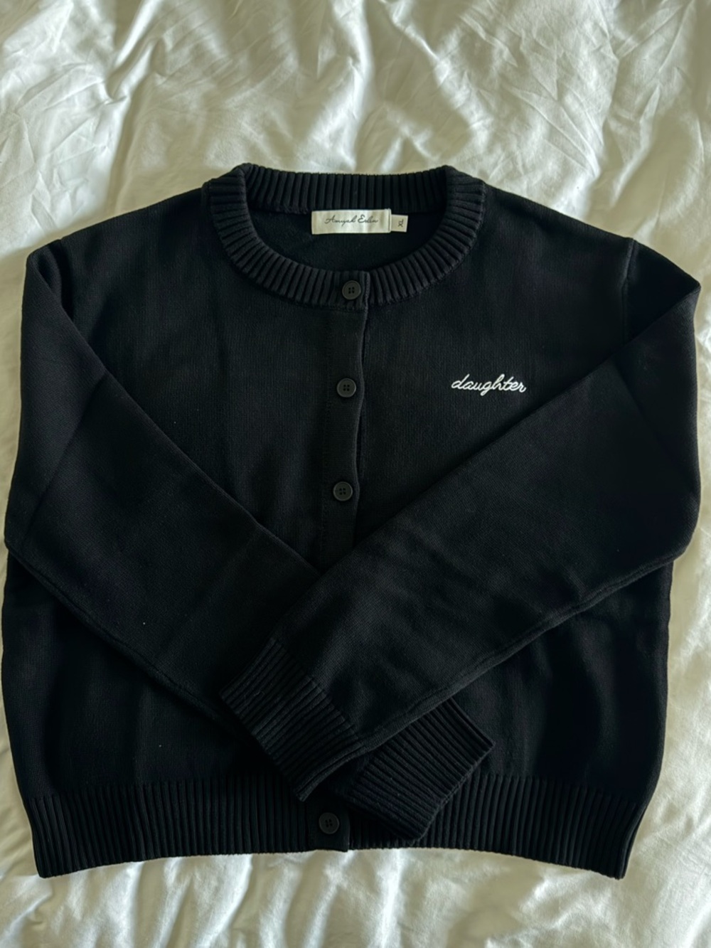 Black 'Daughter' Embroidered Crewneck Cardigan Sweater